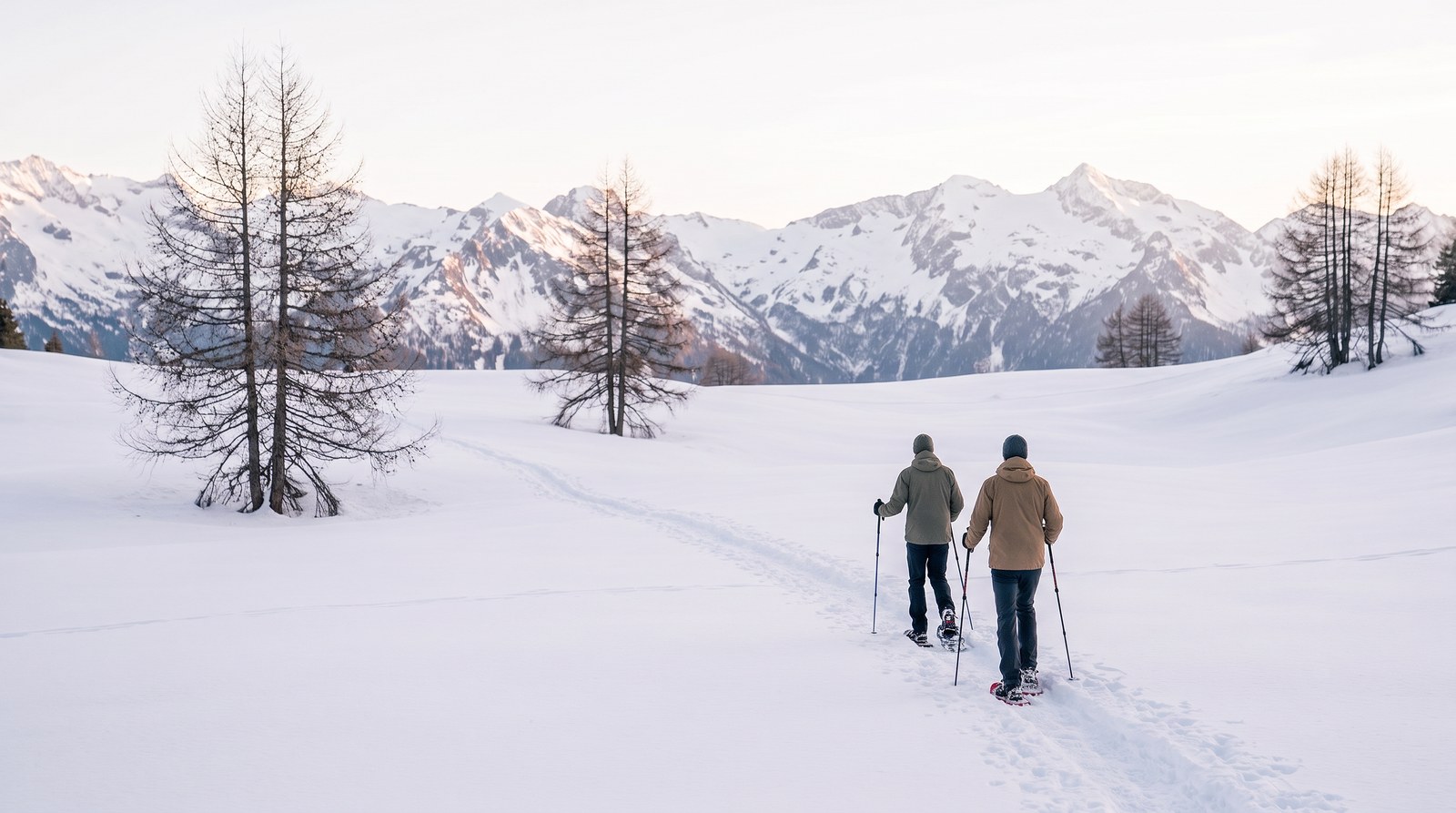Zwei Schneeschuhwanderer mit Stöcken gehen von hinten und klein im Bild durch eine verschneite Landschaft