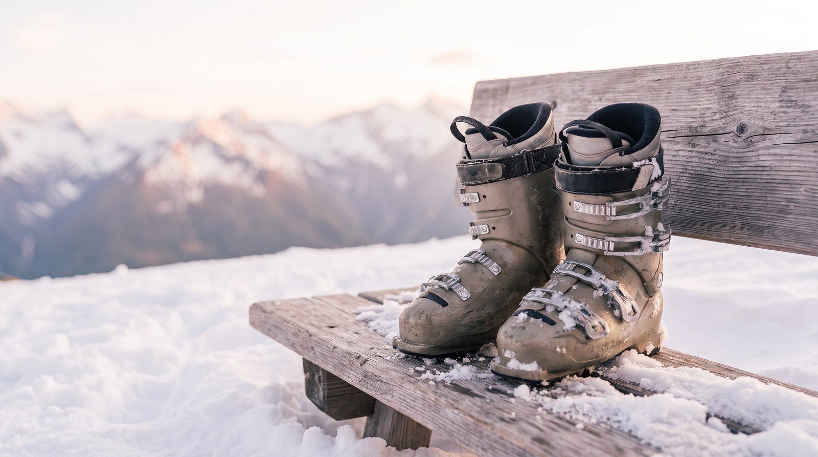 Ein Paar Skischuhe steht auf einer Holzbank im Schnee, dahinter verschwommene Berge im Morgenlicht